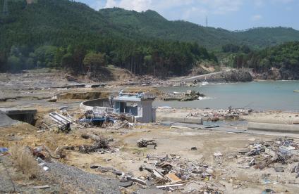 A Japanese fishing village destroyed by tsunami, Japan