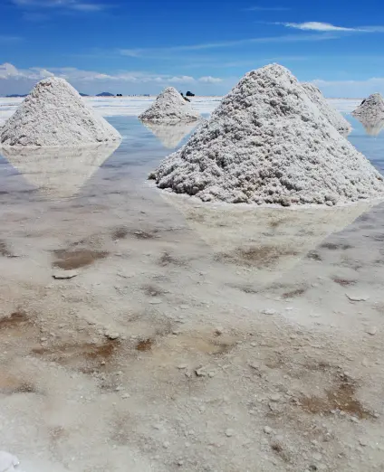 Piles of salt in the Uyuni Salt Salt Flat, salt desert and the world's largest lithium deposit. 
