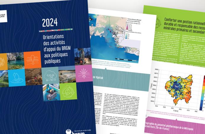 Couverture et extraits du document d’orientation des activités d’appui aux politiques publiques 2024 du BRGM.