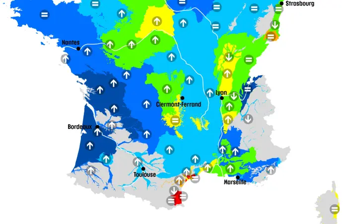 Carte de France hexagonale de la situation des nappes d'eau souterraine au 1er avril 2024.