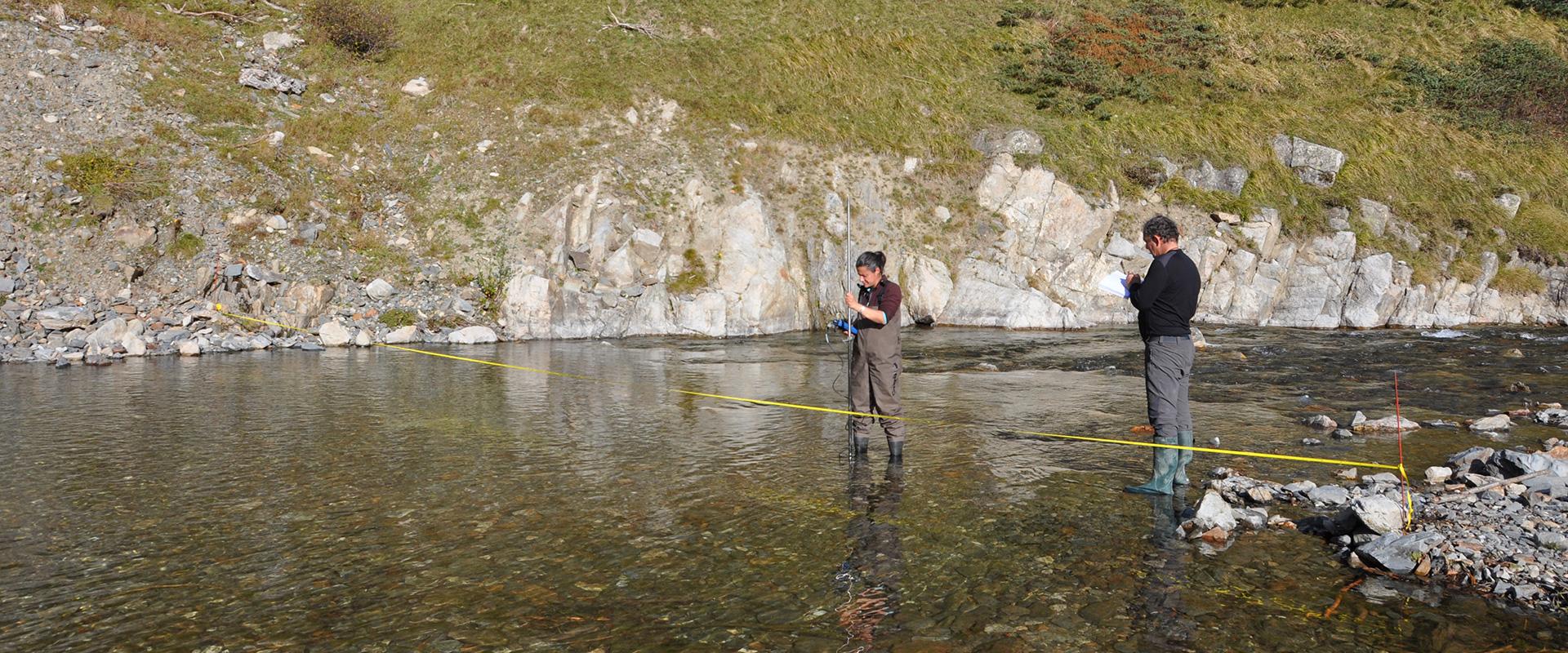 Measuring river flow at low-water level 2015, Cauterets
