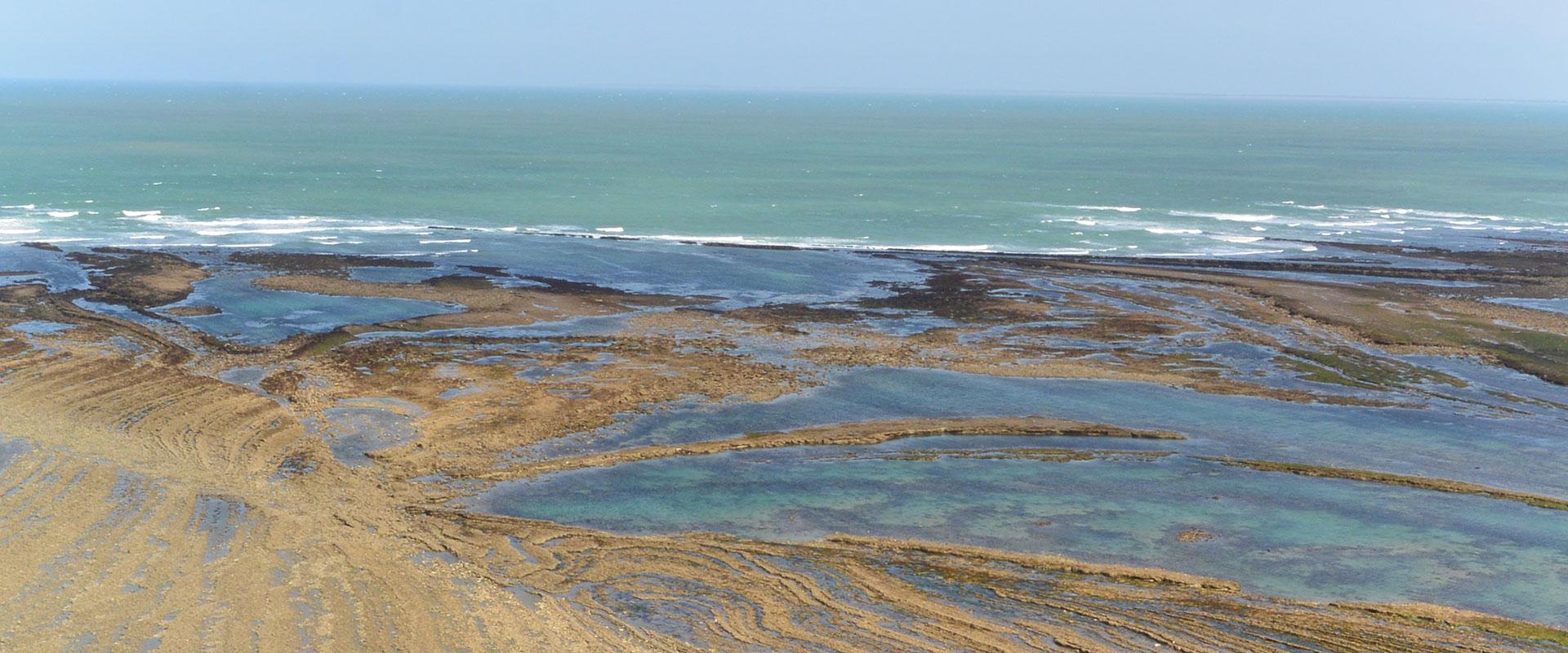 Formations géologiques recoupées par des failles qui se prolongent en mer. Vue de l’estran du phare de Chassiron (presqu'île d’Oléron).