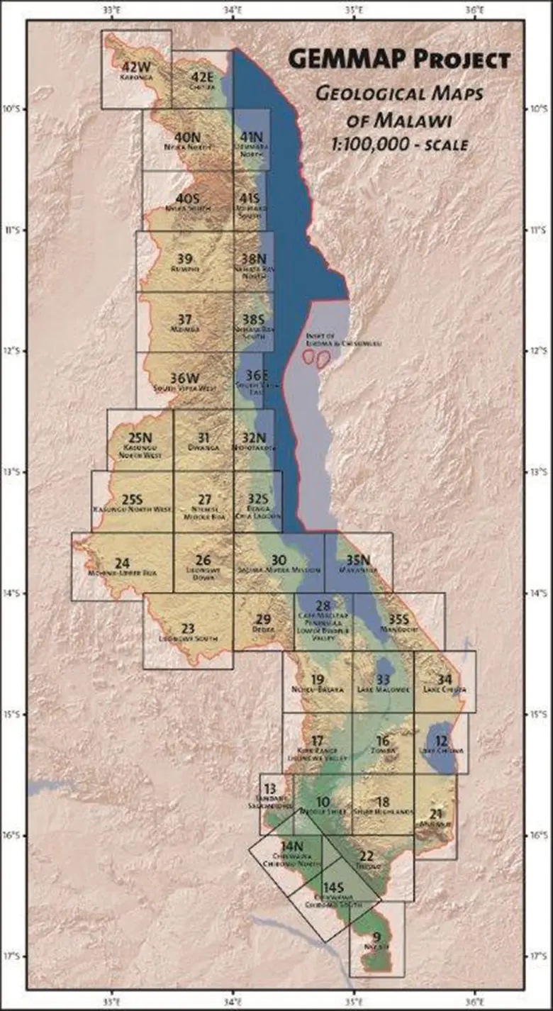 Coverage of the 1:250 000 geological maps of Malawi 