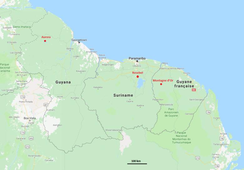 Location of the three gold extraction projects studied 