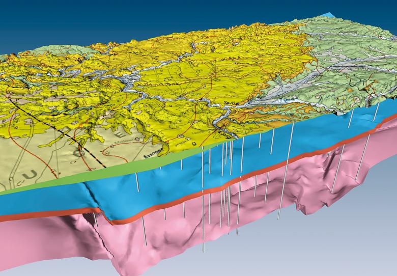 Extrait du modèle géologique 3D du Bassin de Paris avec la carte géologique drapée sur le modèle numérique de terrain