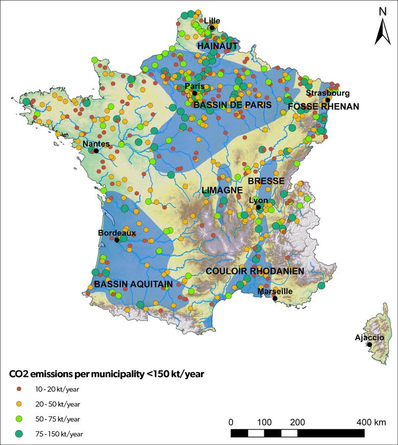 Location of sites potentially compatible with CO2-DISSOLVED technology in France