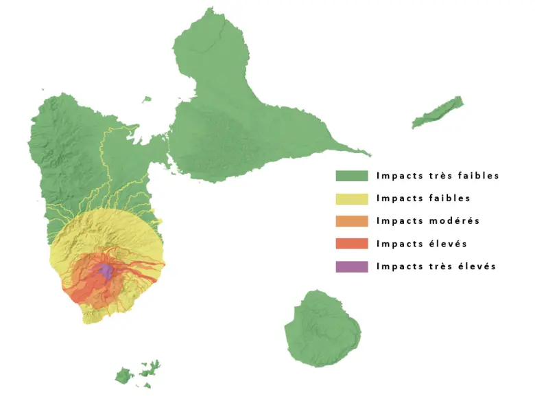 Cartographie intégrée des aléas volcaniques en Guadeloupe permettant de présenter, en une seule carte, l’impact potentiel de l’ensemble des aléas volcaniques associés à la Soufrière de Guadeloupe. 