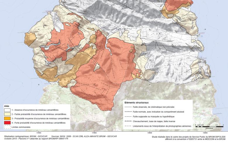 Extract from the map showing the likelihood of the presence of asbestos in the Haute-Corse département (northern Corsica).