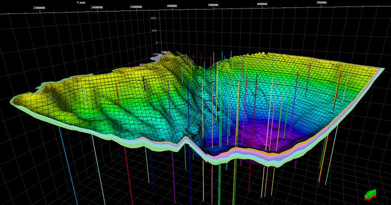 Modèle géologique 3D du Bassin de Paris montrant les environnements de dépôt du Dogger.