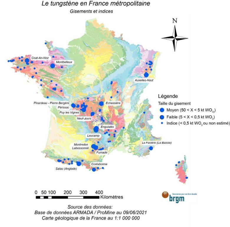 Tungsten in mainland France: deposits and occurrences.