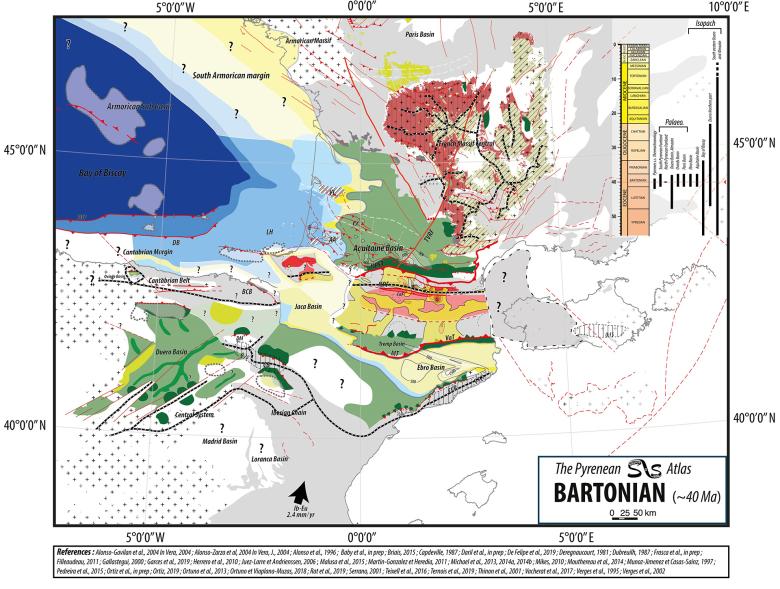 Carte "Source to Sink" du système péri-pyrénéen au Bartonien (40 Ma) : paléogéographie, paléogéologie, isopaque et taux d’exhumations. 