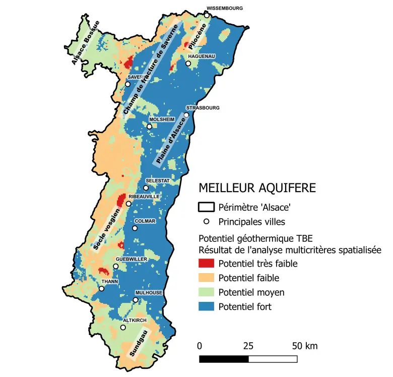 Carte du potentiel géothermique sur nappe (meilleur aquifère) sur le territoire alsacien.