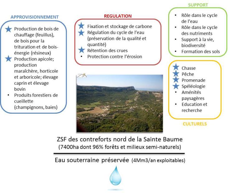Ecosystem services delivered by the zone for future safeguarding (ZSF) in the northern foothills of La Sainte-Baume (a star means services have been assigned a value in economic terms). 
