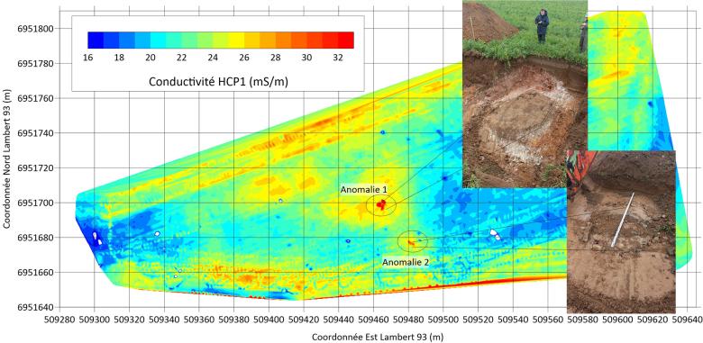 “Horizontal Coplanar" apparent conductivity map, T/R spacing of 1m, on one of the sites in Goderville (76), and photos of stripping operations on the two conductivity anomalies identified (Goderville, 2021)