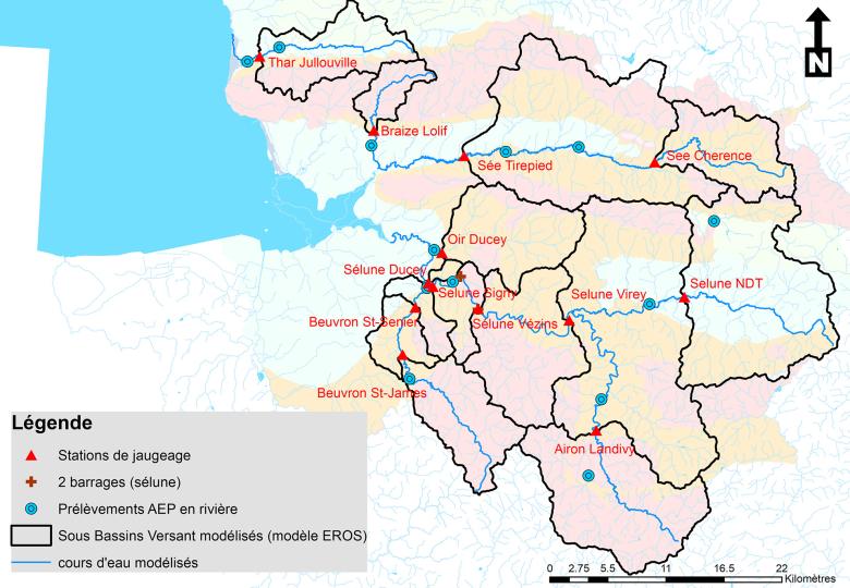 Carte générale des rivières normandes de la Baie du Mont Saint Michel et sous-bassins versants modélisés avec le logiciel EROS, sur fond de carte géologique.