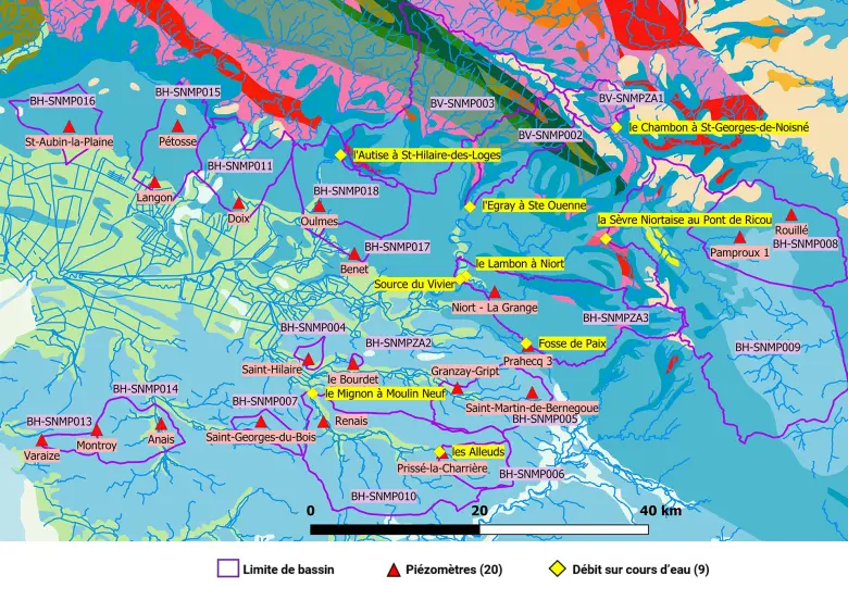 A simplified geological map showing the basins and monitoring points (20 piezometers and 9 flow measurement stations) which were modelled using GARDENIA.