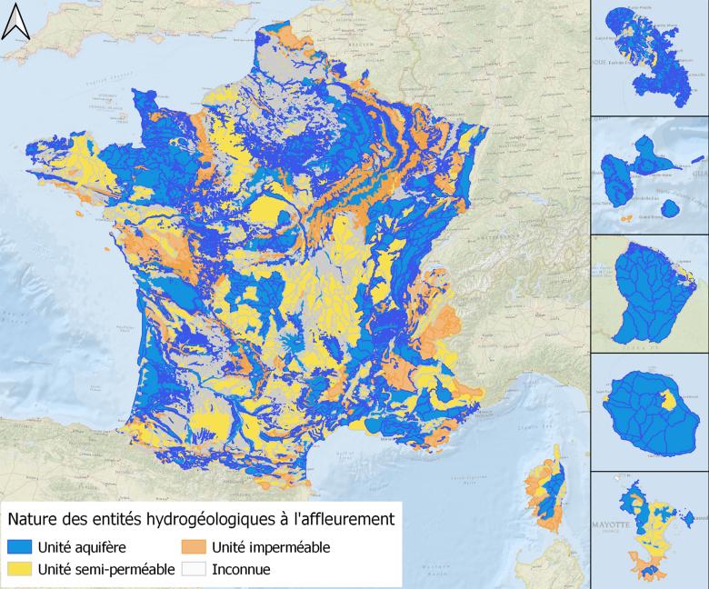 Carte des entités hydrogéologiques affleurantes du Référentiel hydrogéologique BDLISA version 3, classées selon leur nature. 