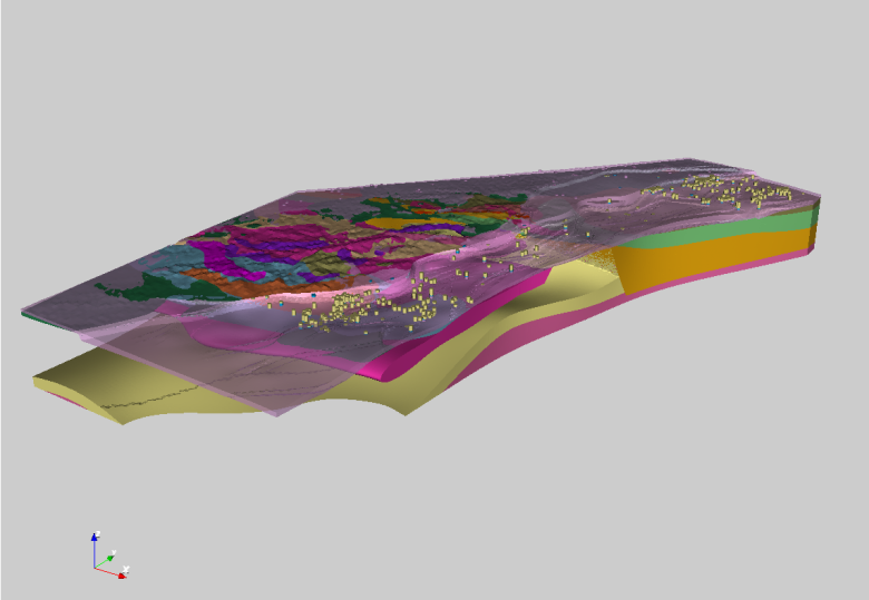 Architecture profonde du massif des Vosges confronté à des données géophysiques, réalisé sous Geomodeller 3D (2013).
