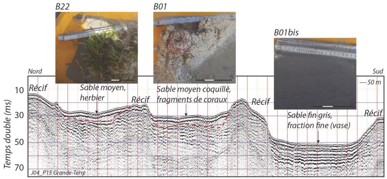 Exemple d’un profil sismique transversal représentatif du sud de la Grande-Terre au large de Saint-François et illustration des zones d’accumulations successives et de l’hétérogénéité des dépôts avec photographie des sédiments associés.