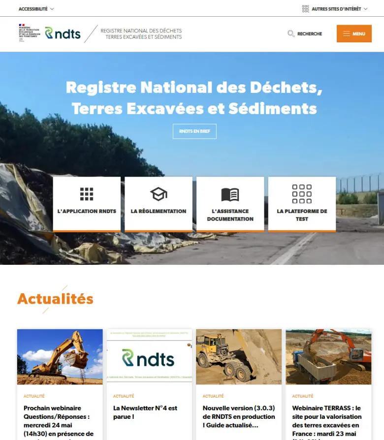 Le site web d’assistance aux acteurs des filières concernées par le RNDTS (Registre National des Déchets, Terres Excavées et Sédiments).