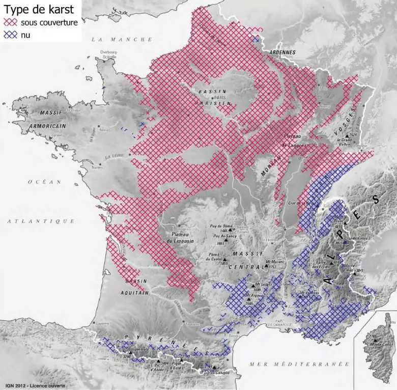 Carte simplifiée du karst en France (d’après Nicod et al., 2010).