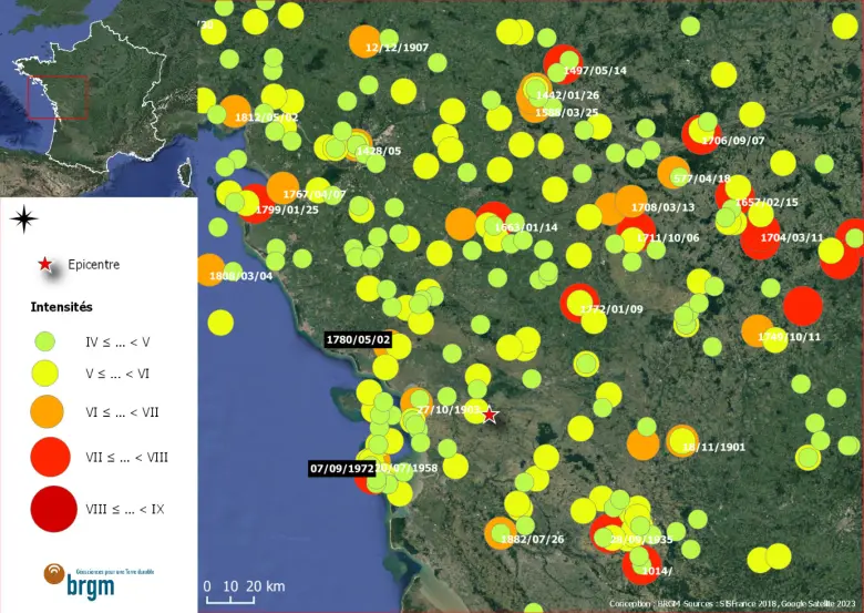Carte des séismes historiques issus de la base de données SisFrance dans la région du séisme de La Laigne (16/06/2023).