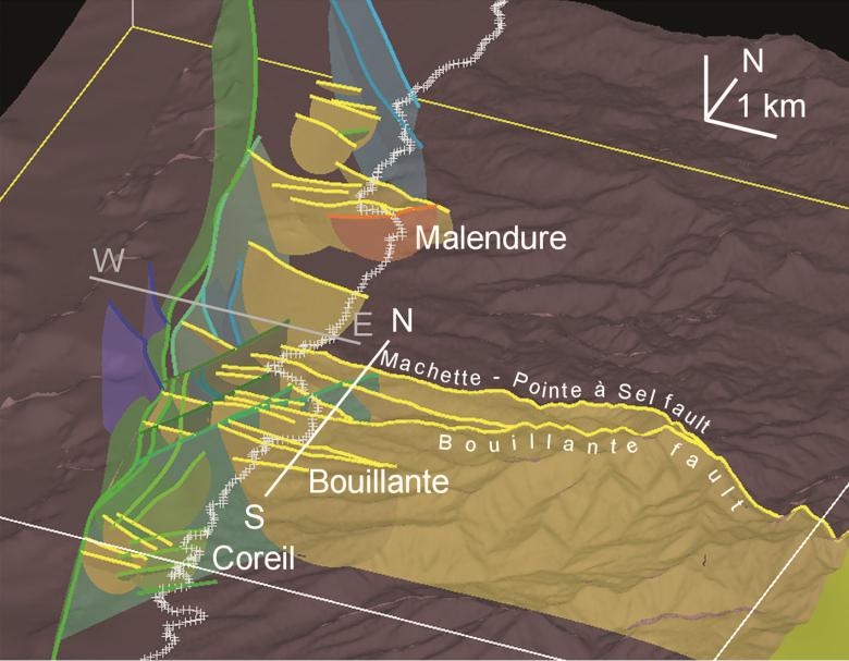 Modèle 3D Terre-Mer construit à partir de l’interprétation de profils sismiques et de données géologiques à terre (cluster Bouillante, Guadeloupe).