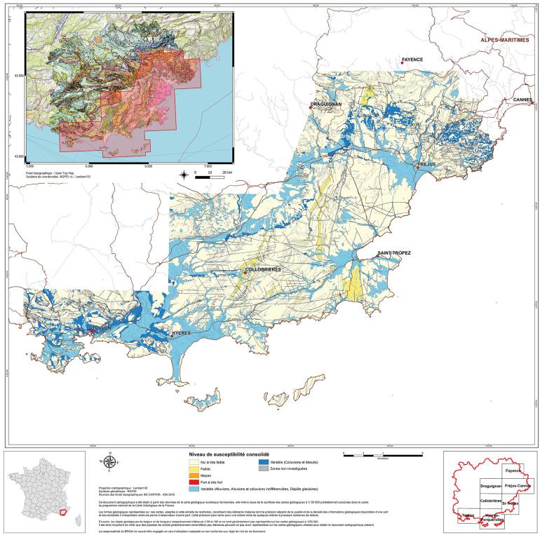Carte des niveaux de susceptibilité consolidés de présence d’amiante attribués aux formations géologiques des Massifs des Maures et du Tanneron (2022).
