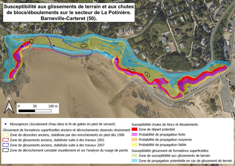 Map showing susceptibility to landslides and rockfalls/rockslides in the sector of La Potinière (Manche département)
