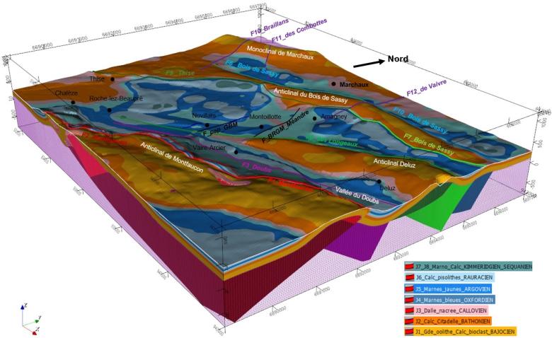 Modèle géologique 3D de Novillars (extraction du logiciel BRGM GeoModeller), 2022. 