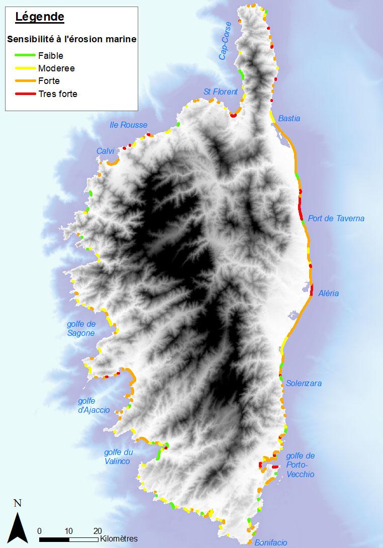 Example of the 1:25,000 map of the sensitivity of the loose coast to coastal erosion (Corsica, 2022)