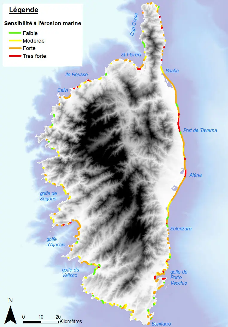 Exemple de la carte au 1/25 000e de la sensibilité à l’érosion marine de la côte meuble (Corse, 2022).