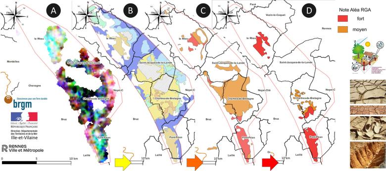A: Gamma spectrometry survey (U/K/Th), B: New map of clay formations, C & D: Old and new risk maps of shrinkage-swelling (Rennes, 2023).