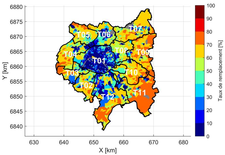 Contribution of near-surface geothermal energy as a replacement for gas, with priority given to existing heat networks with a 50m extension across all 2,861 IRIS grids in the Greater Paris Area (2012)