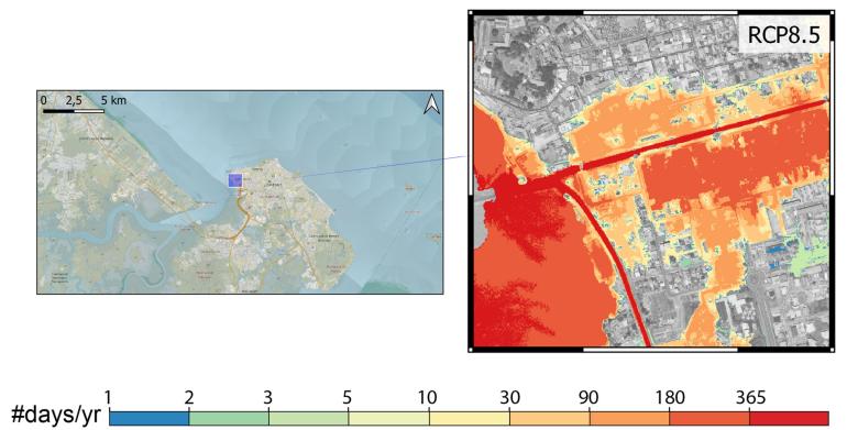 Low-lying areas exposed to chronic flooding by 2100 in scenario RCP 8.5 